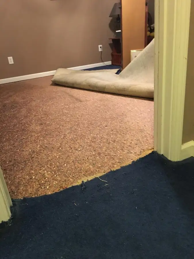 Carpet pad removal revealing water damage during Drying & Dehumidification in Peachtree City
